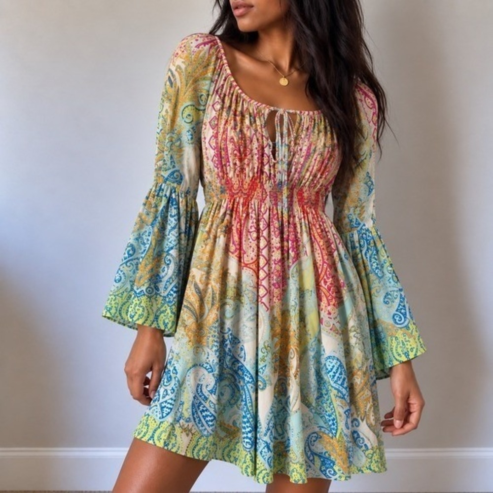 Boston Proper Multicolor Paisley Bell Sleeve Peasant Dress Size 6 Boho